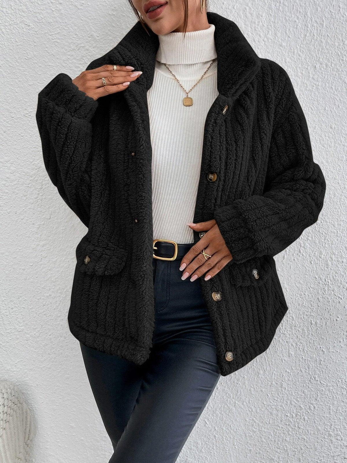 Black textured button cardigan coat with open front and long sleeves