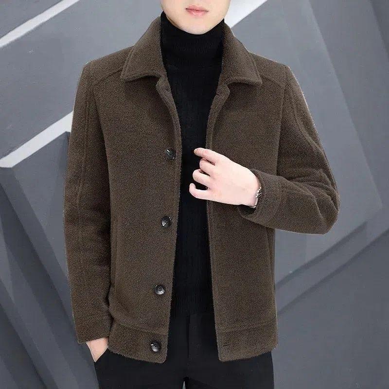 Brown short wool-style coat with button front, stand collar, flap pockets