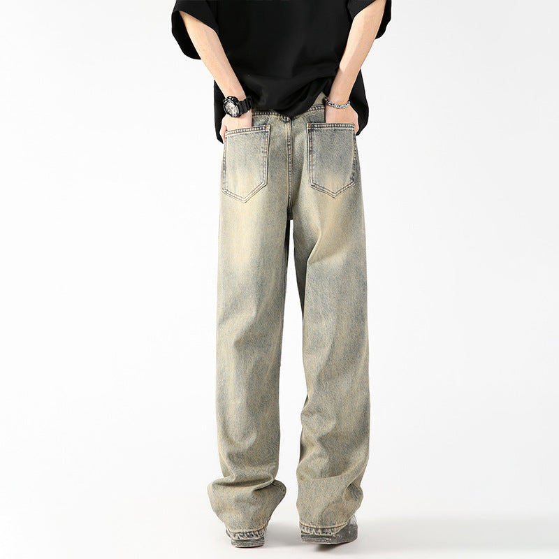 American Retro Yellow Mud Jeans For Men - WOMONA.COM