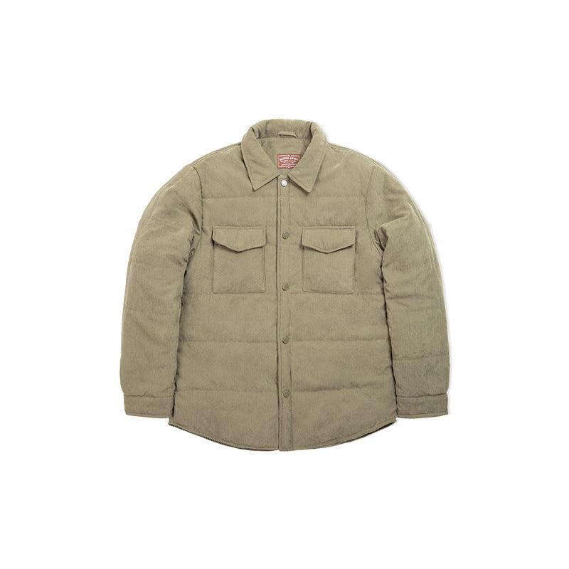 Men's olive padded coat front view, stand collar, flap chest pockets, snap closure