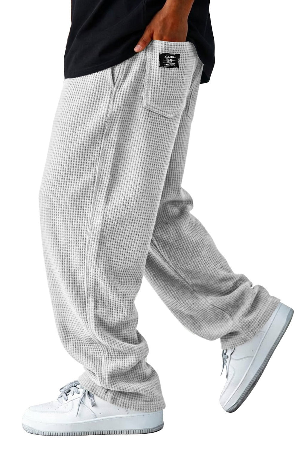 Loose wide-leg casual pants in light gray check, elastic ankle cuffs