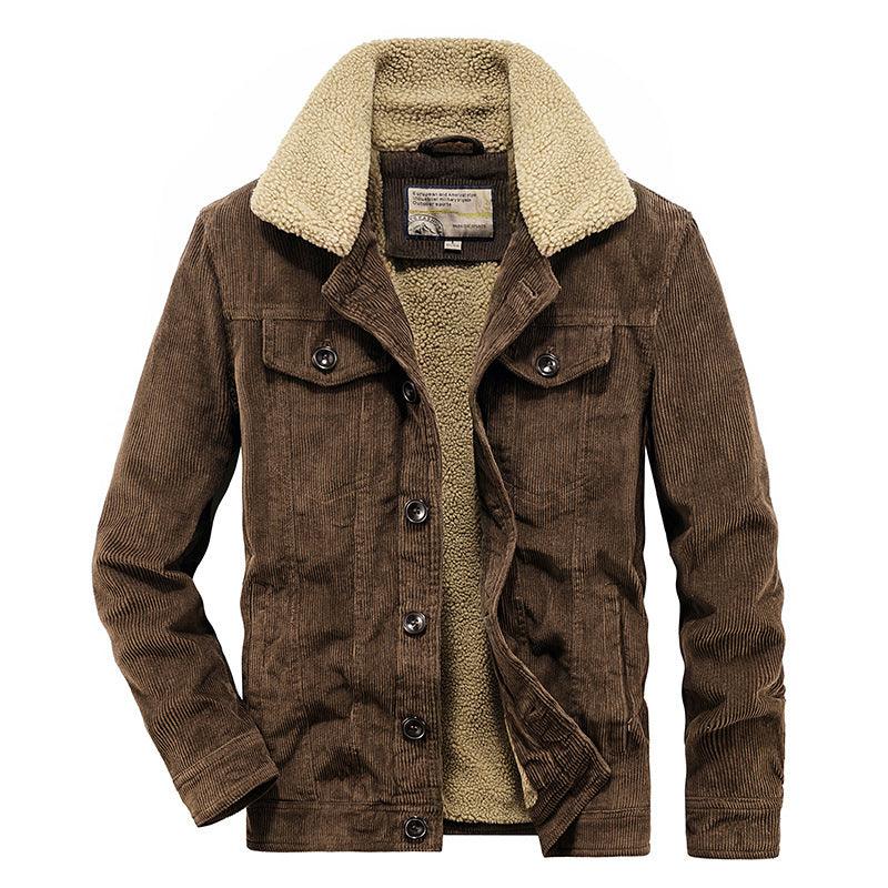 Men's corduroy coat in dark brown with sherpa-lined collar, button front, and chest pocket flaps