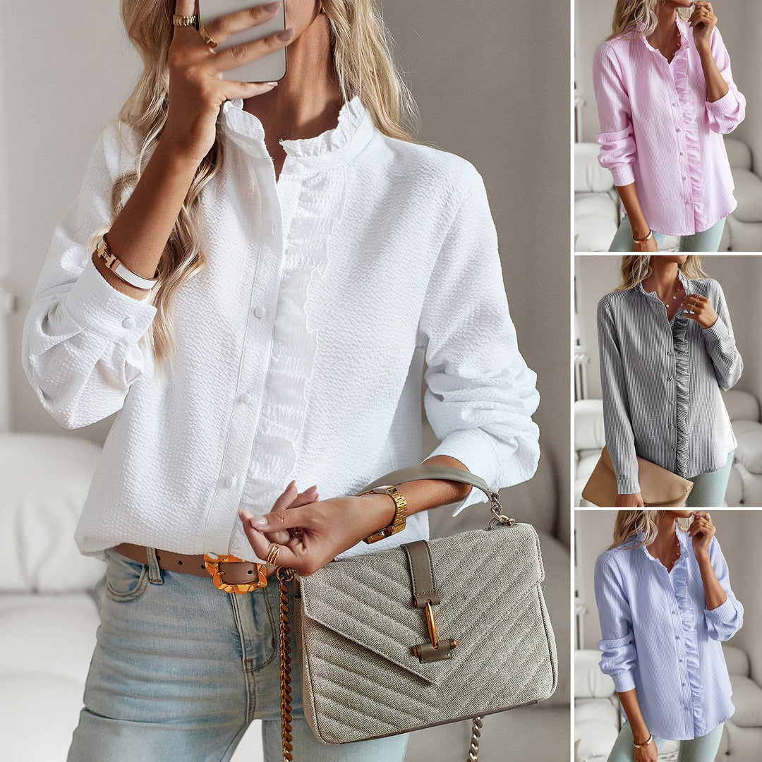 Women's striped ruffle button-up shirt – product image 1