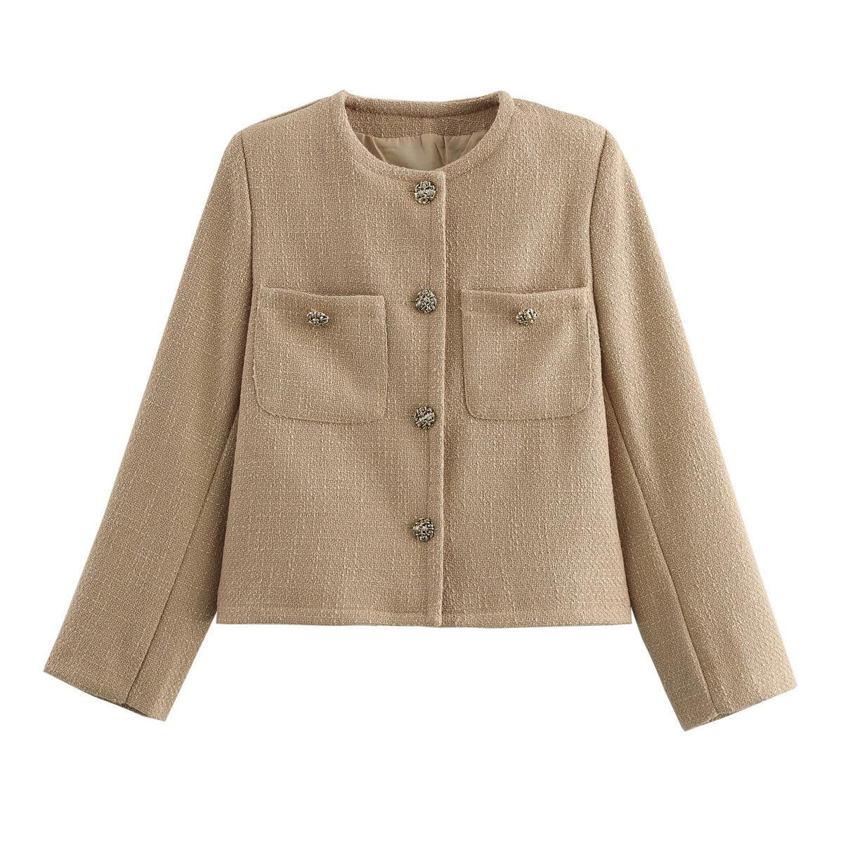 Khaki tweed cardigan coat with round neck, button front, two patch pockets, long sleeves.