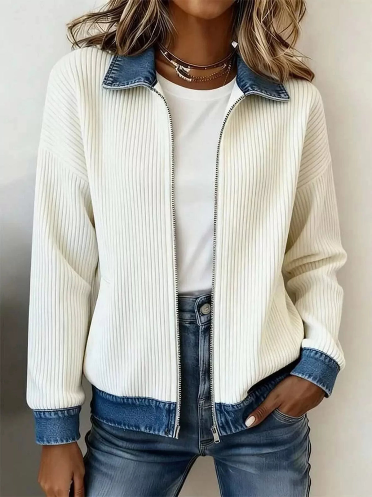 Women's Contrast Denim Collar Ribbed Knit Jacket