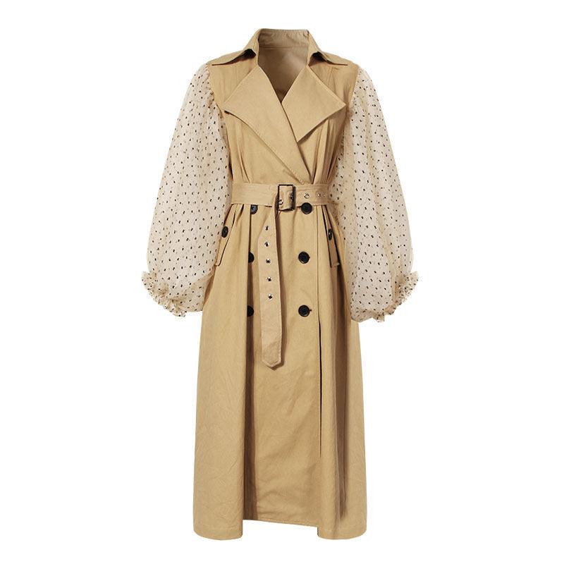 Women’s mid-length trench coat in milk tea, belted waist, collar, button front, dotted sleeves