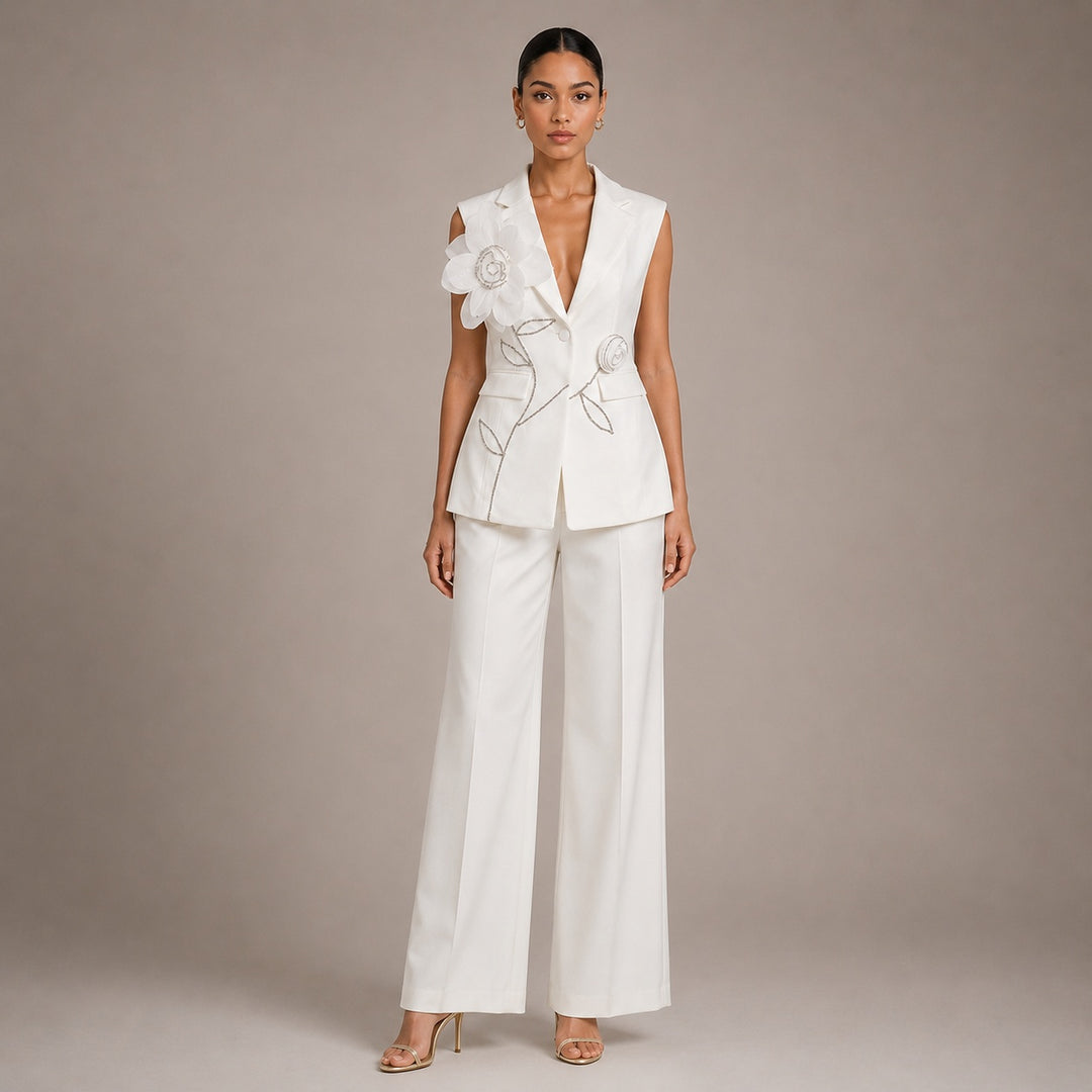 Women's Floral Embroidered Blazer Vest & Wide-Leg Trousers Set