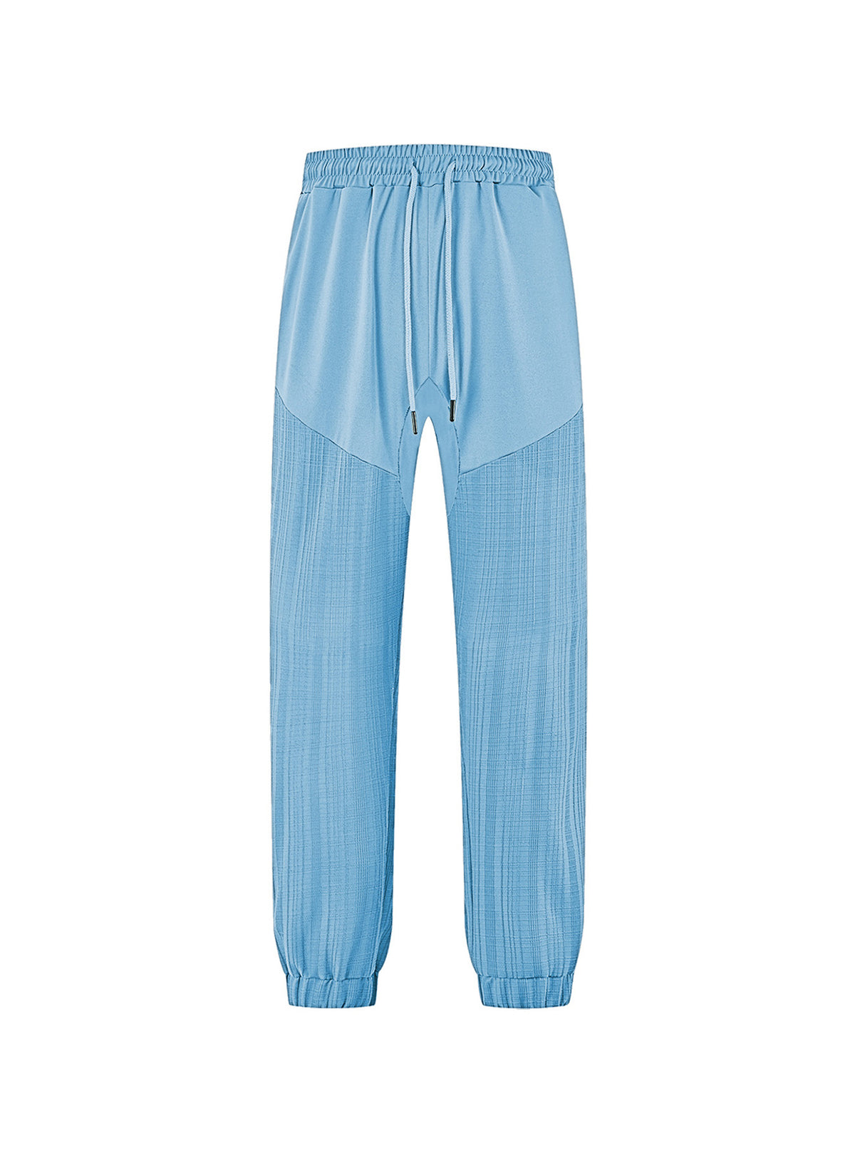 Light blue jogger sweatpants with elastic waist and drawstring; tapered cuffed legs