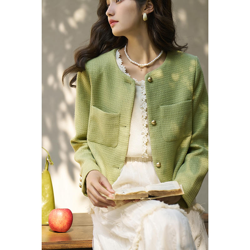 Women's Textured Round-Neck Cropped Jacket, Green - product view 2