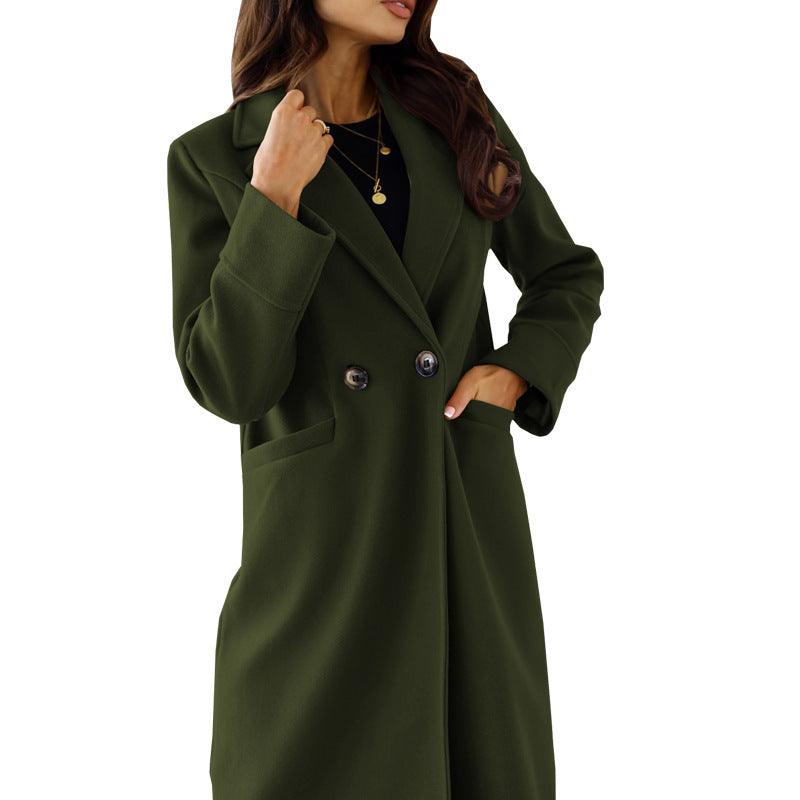Long sleeve turn-down collar coat in dark green with double-breasted buttons and side pockets
