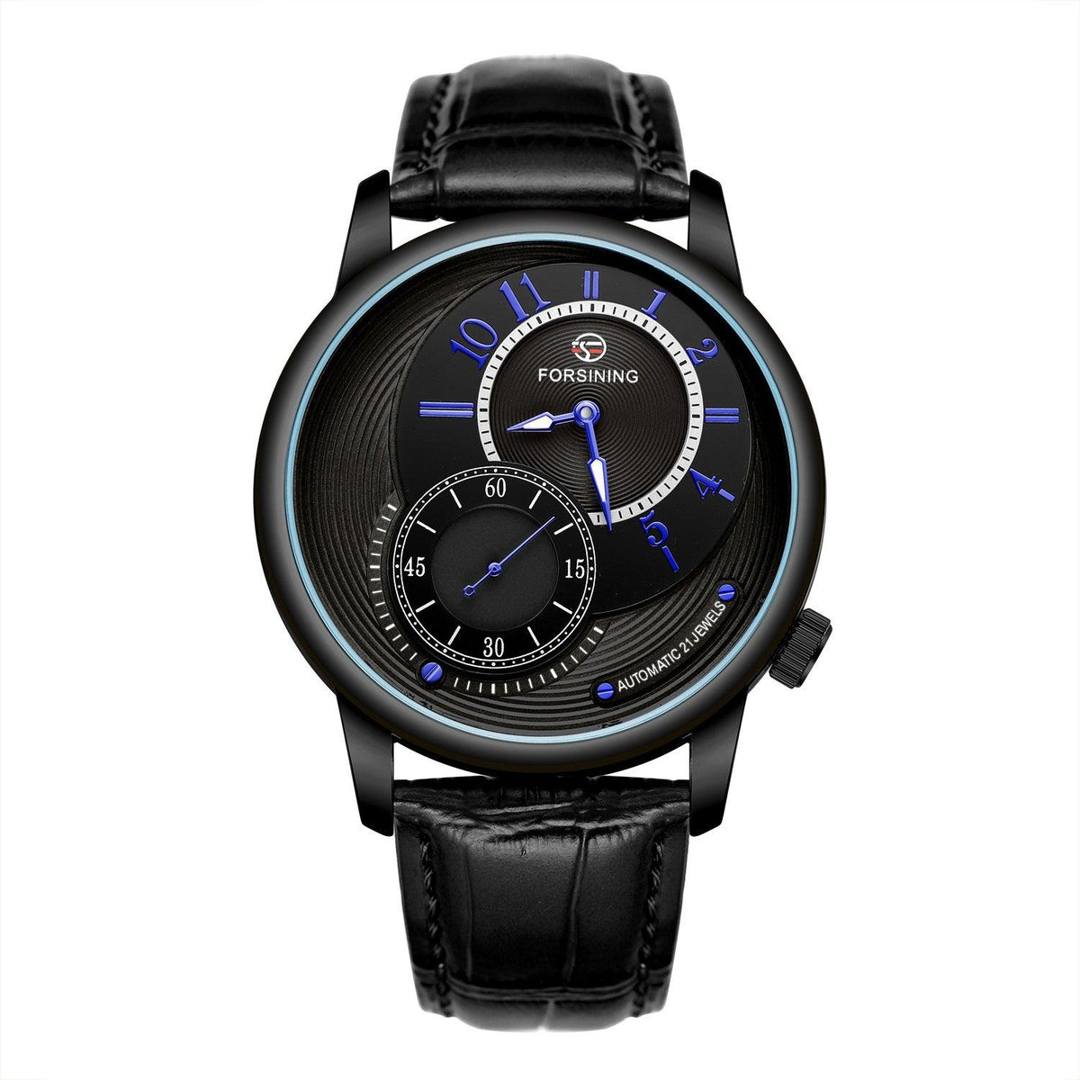 Men's mechanical watch with black case, blue dial accents, and black leather strap