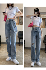 Ripped Jeans With Diagonal Suspenders For Women - WOMONA.COM