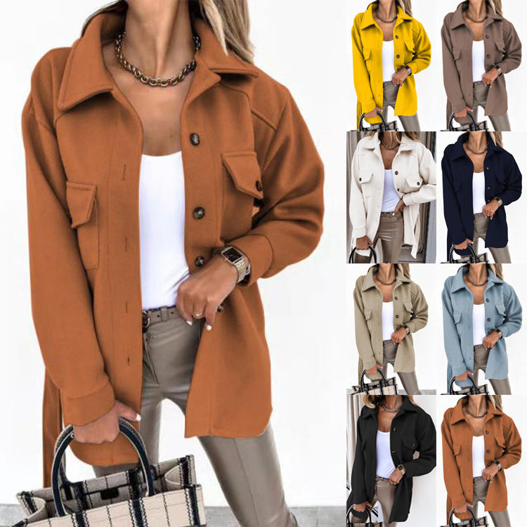 Women’s lapel single-breasted coat jacket in rust-brown with chest flap pockets