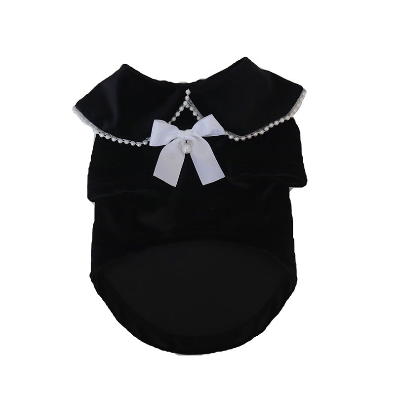 Black velvet pet skirt dress with pearl beaded trim and centered white bow