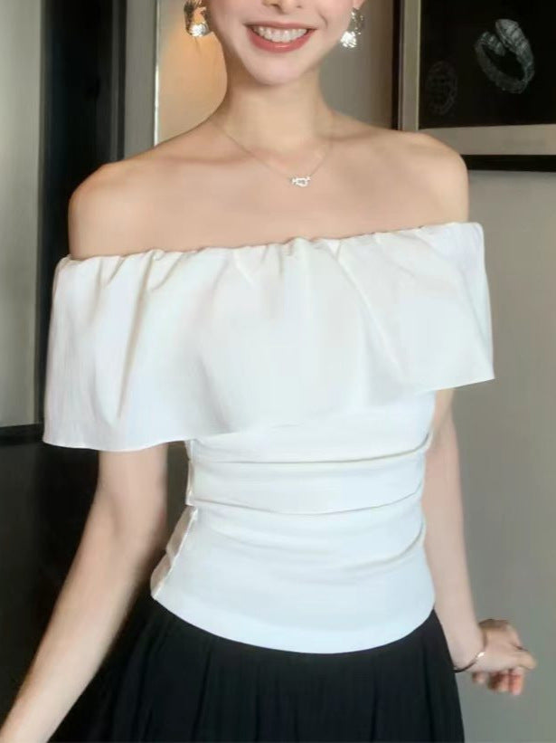 White off-shoulder ruffle T-shirt with elastic neckline and short sleeves