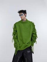 Deconstructed Fringe Design Crease Crease Neck Knit Sweater - WOMONA.COM