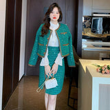 Elegant Green Tweed Coat Irregular Sheath Skirt Suit - WOMONA.COM