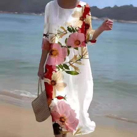 Round Neck Fashion Premium Long Sleeve Printed Dress - WOMONA.COM