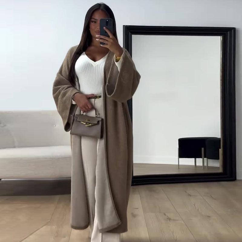 Loose mid-length cardigan coat, khaki, front-open longline design with relaxed drape