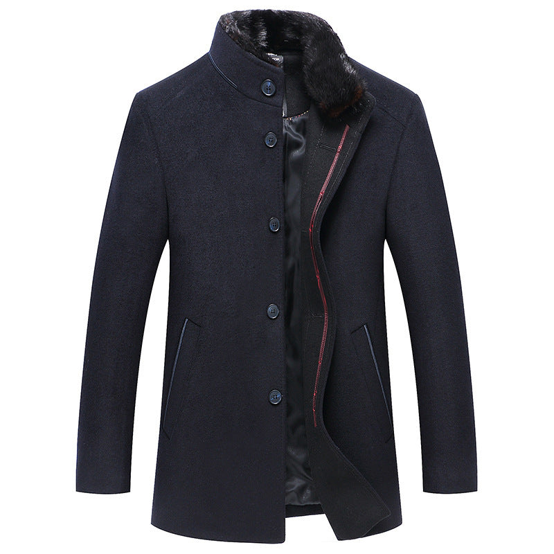 Simple Solid Color Men's Stand Collar Woolen Coat