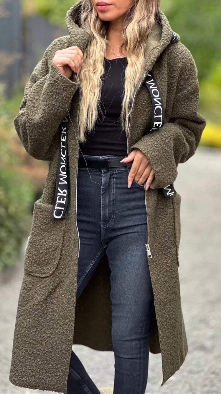 Women’s hooded lamb wool coat in olive green, with lettering-trim hood and side pockets