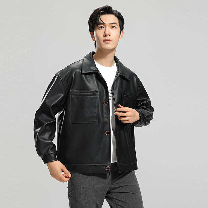 Fashion Youth Motorcycle Leather Coat Lapel Handsome Men's Jacket - WOMONA.COM