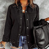 Black Ripped Long Sleeve Denim Jacket Women - WOMONA.COM