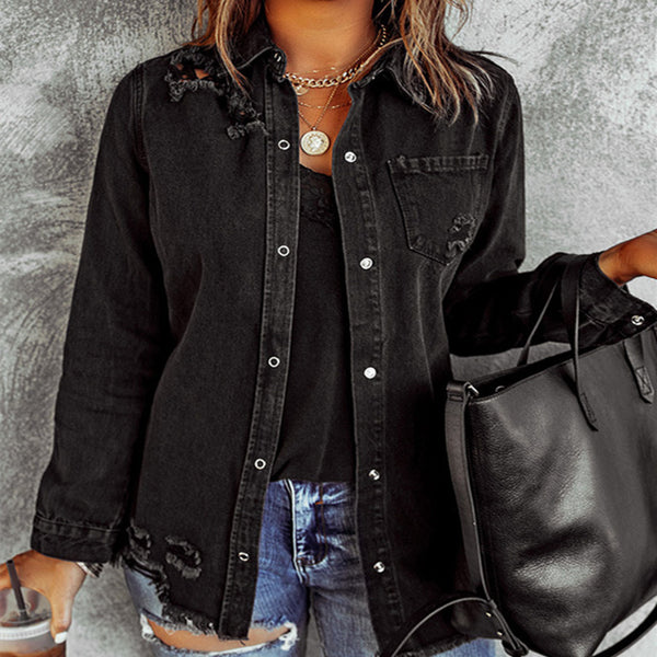 Black Ripped Long Sleeve Denim Jacket Women