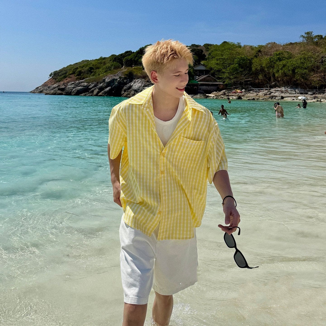 Yellow striped short-sleeve button-front shirt, open collar