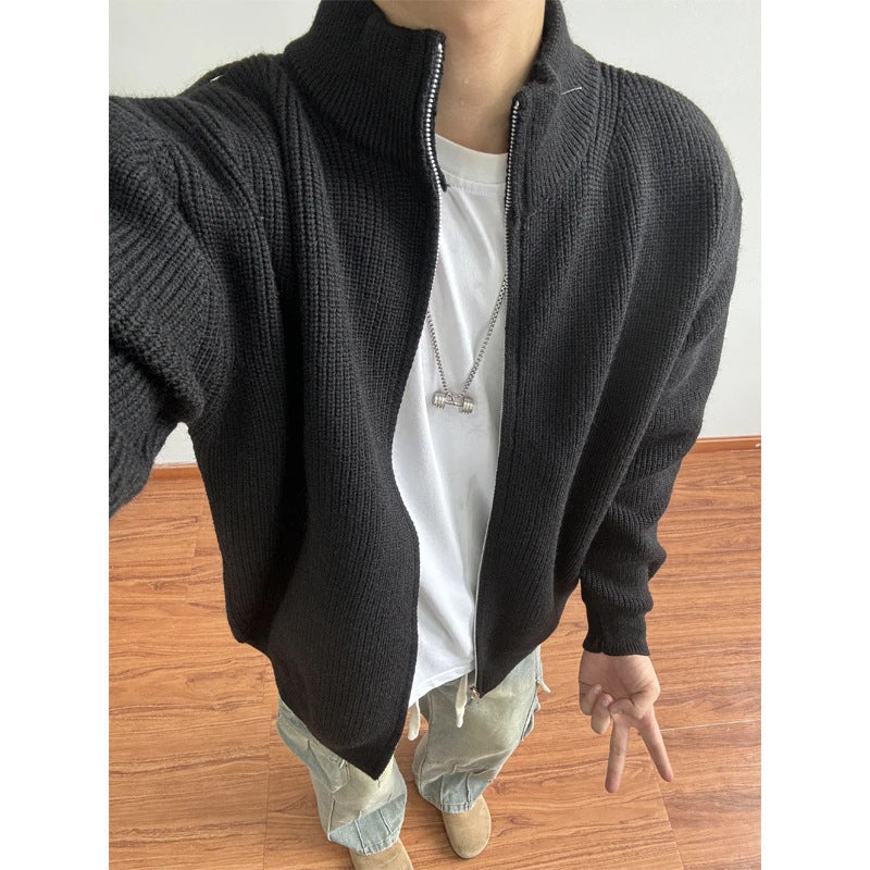 Gray Zip Front Sweater With A Dropped Shoulder