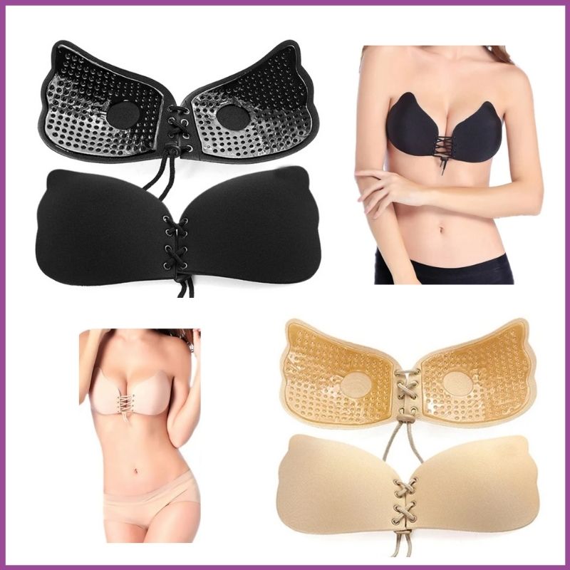 Black perforated strapless bra with scalloped cups and lace-up front