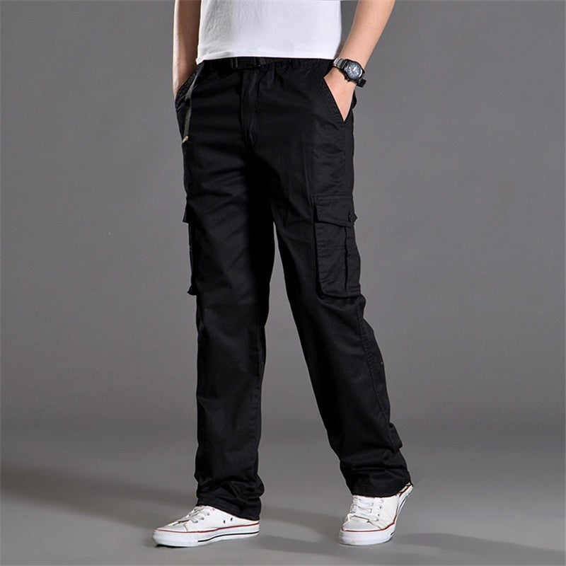 Black men's cargo pants with side cargo pockets and drawstring waist