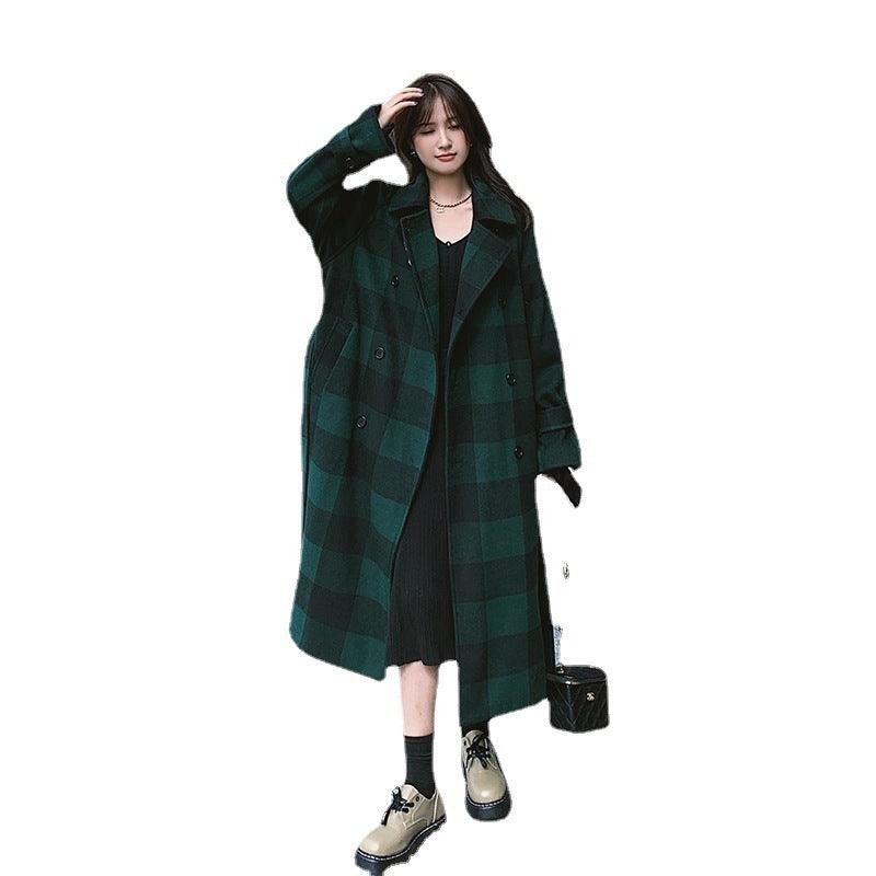 Green plaid wool coat with notch collar, button front, and belt tie at waist