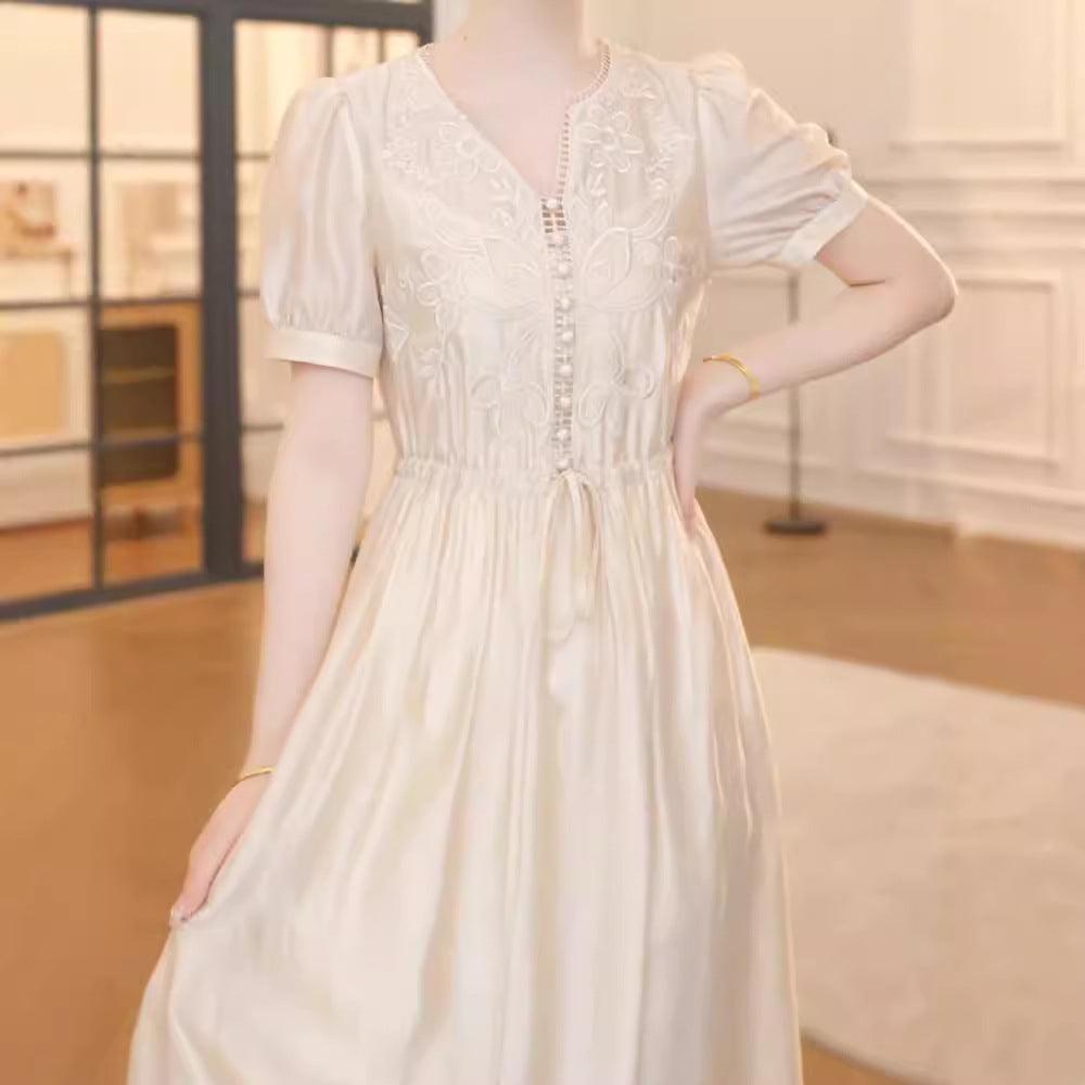 Women’s light apricot lace yoke puff-sleeve midi dress with button front
