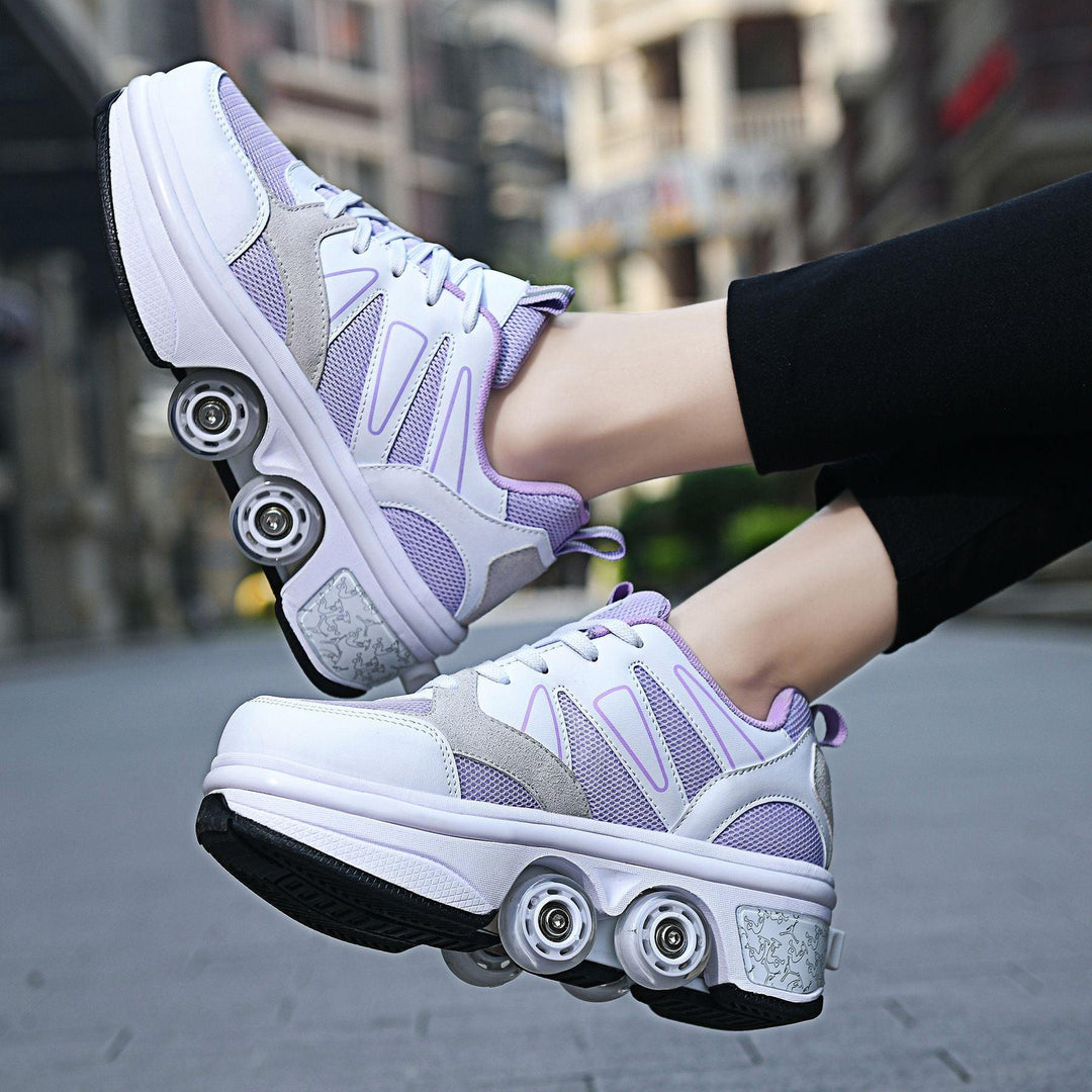 White and lavender roller sneakers with four swivel wheels and lace-up front