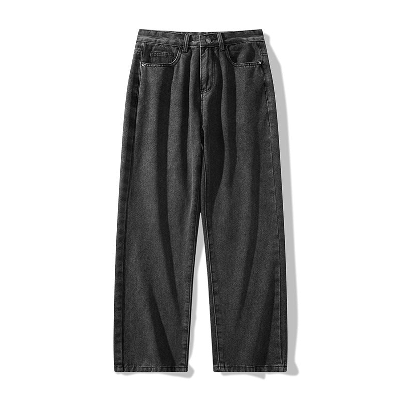 Dark gray washed wide-leg denim trousers with loose fit and classic five-pocket styling