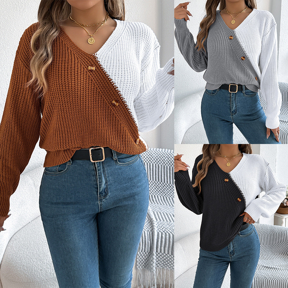 Women's Casual V-Neck Button Contrast Color Lantern-Sleeve Pullover Sweater