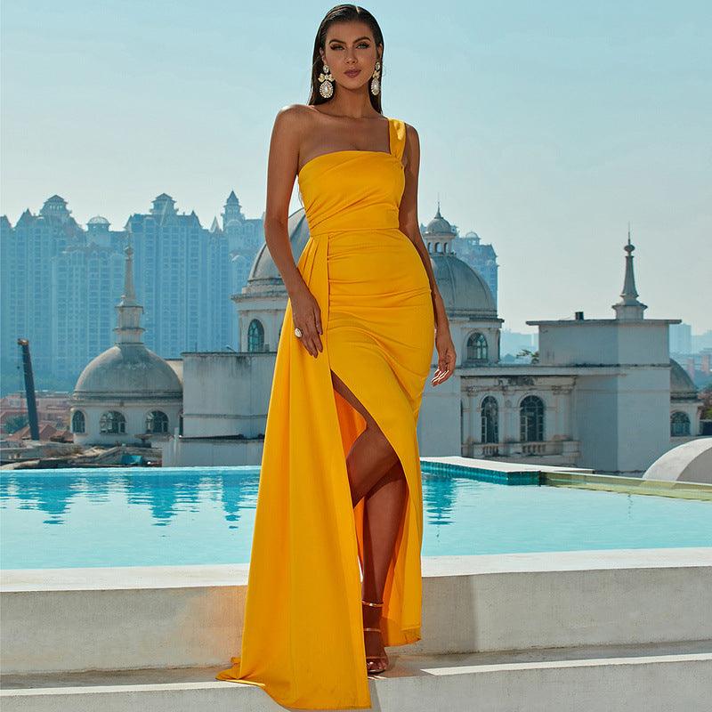 One-shoulder Off-neck Prom Party Slit Evening Dress - WOMONA.COM
