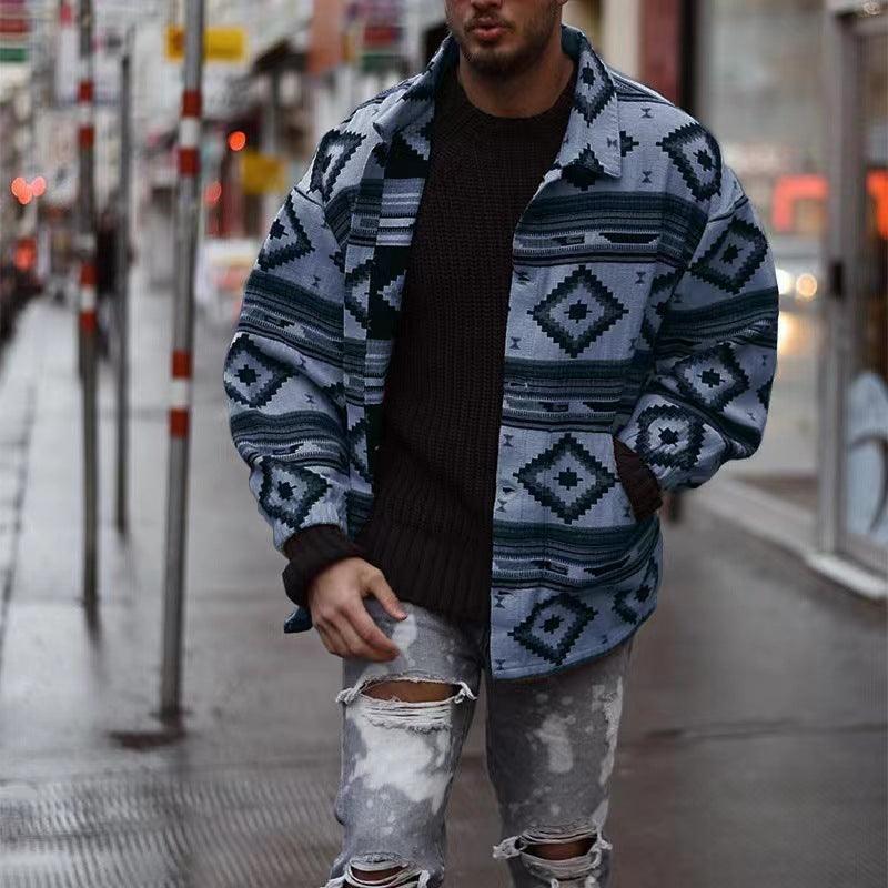 Men's dark blue and gray geometric lapel jacket, open front, long sleeves, patch pockets