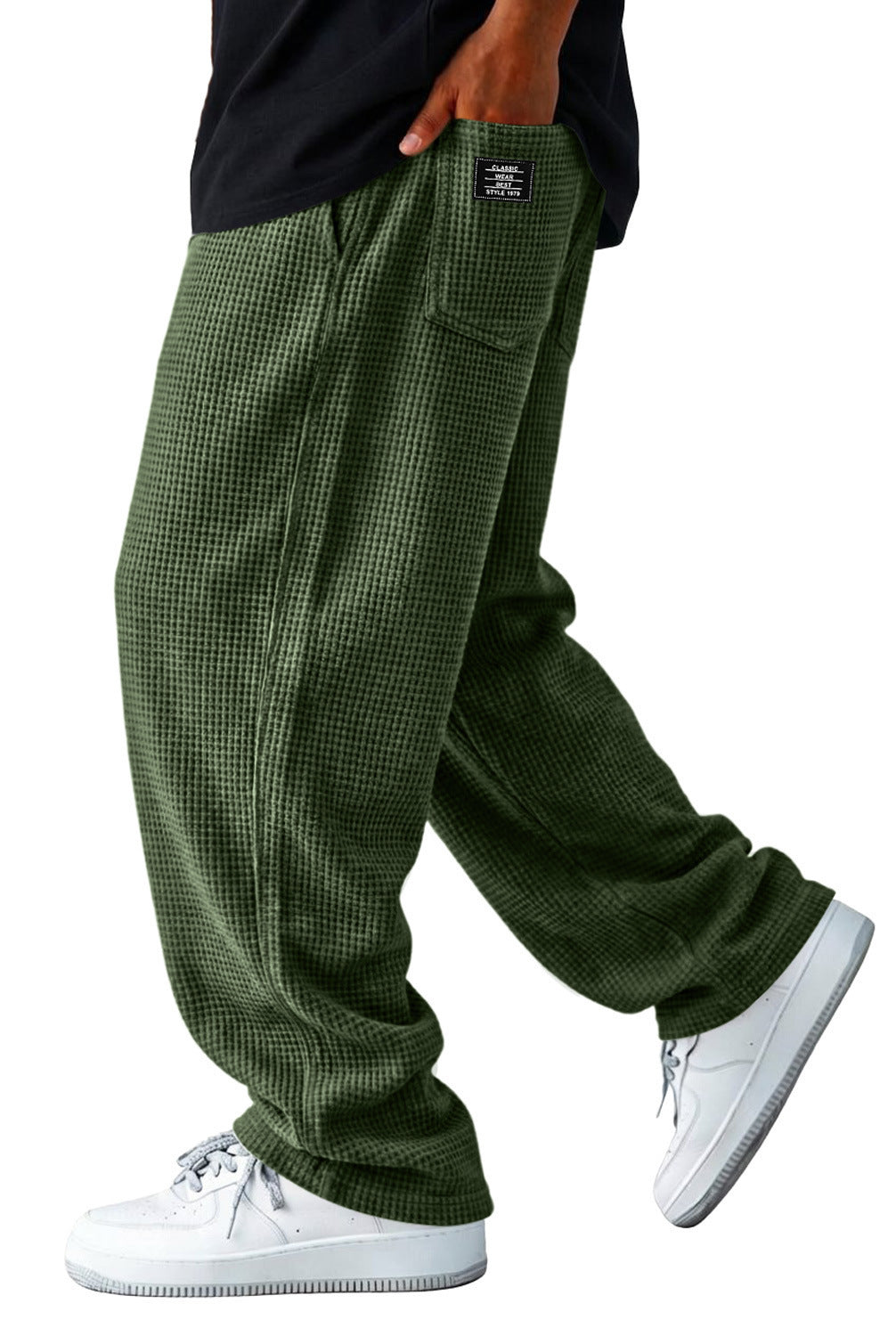 Loose wide-leg casual pants in dark green check, elastic ankle cuffs