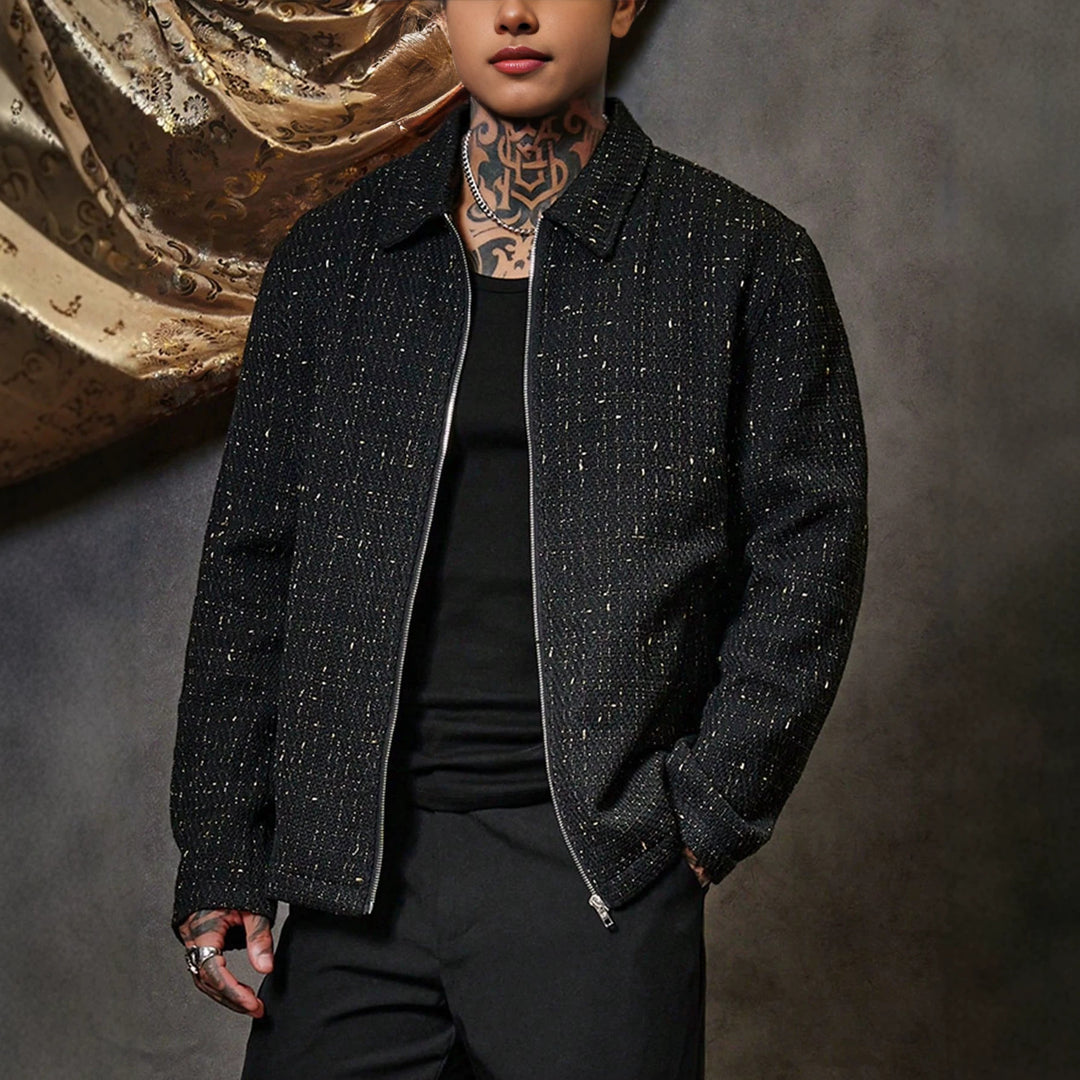 Black textured lapel-zip jacket with front zipper, long sleeves, and side pockets