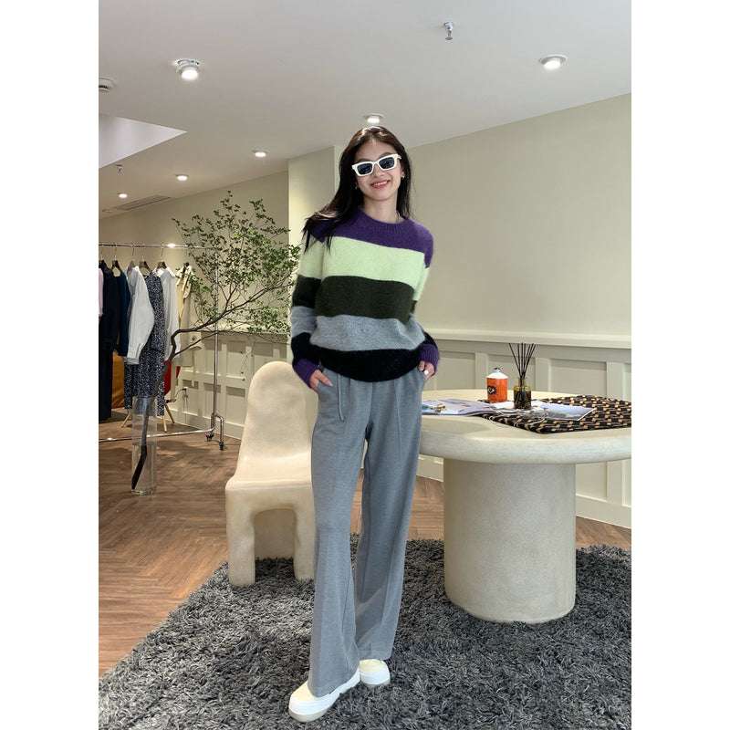 Loose Round Neck Contrast Large Striped Sweater - WOMONA.COM