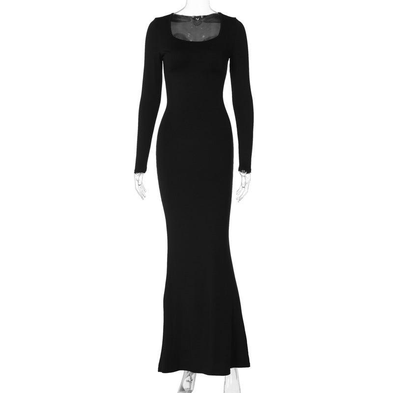 Fashion Slim Fit Backless Lace-up U-neck Long-sleeved Dress - WOMONA.COM