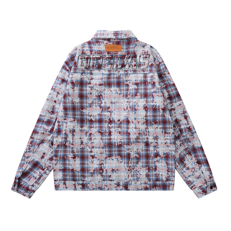 Tie-dyed Distressed Plaid Shirt Jacket Men - WOMONA.COM