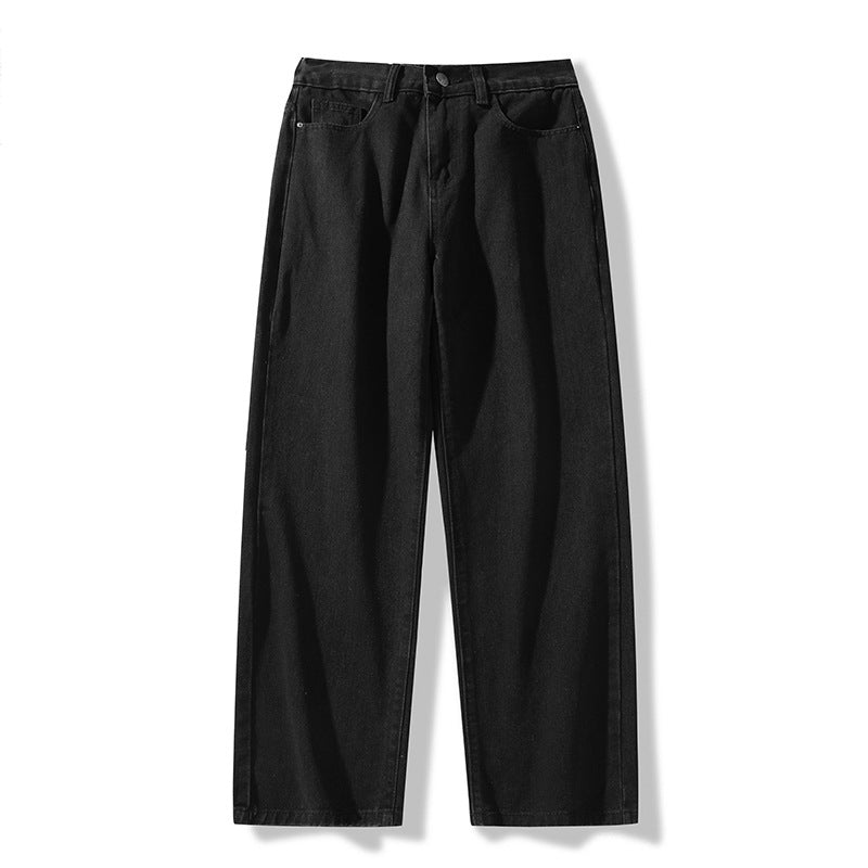 Black washed wide-leg denim trousers with loose fit and front button closure