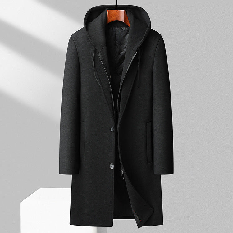 Men's mid-length wool coat with detachable hood, black, open front, flap side pocket