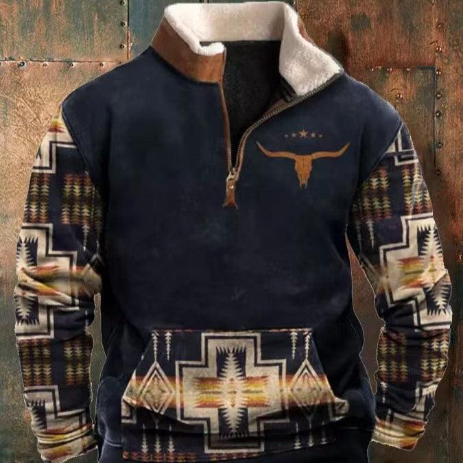 Dark printed long-sleeve quarter-zip top with bull graphic and geometric hem band