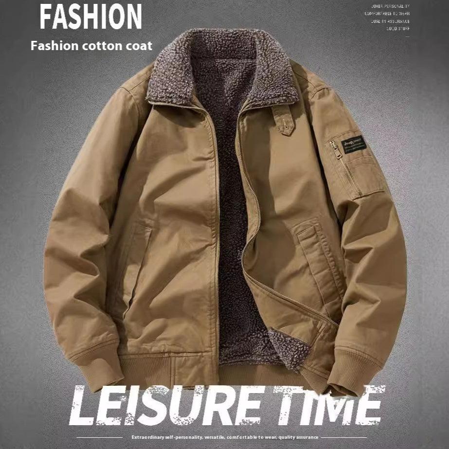 Tan cotton jacket with dark fleece sherpa lining, stand collar, zip front, side pockets