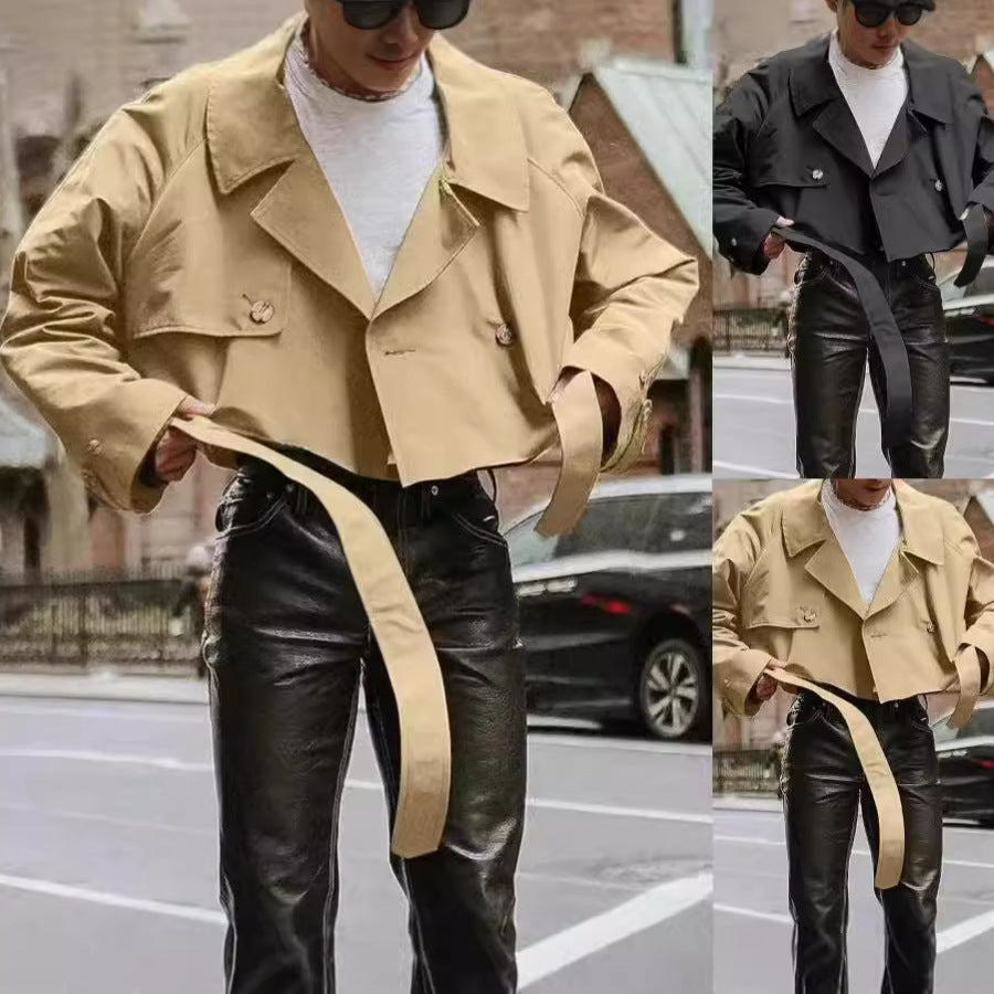 Men's khaki loose-fit trench jacket with flap pockets and attached belt tie