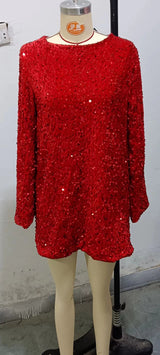 Long Sleeve Loose Sequins Short Spandex Dress - WOMONA.COM